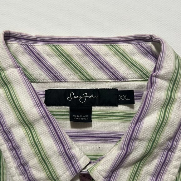 Sean John Shirt Long Sleeve Button White w/ Purple Green Stripes Men's size XXL - Picture 5 of 7